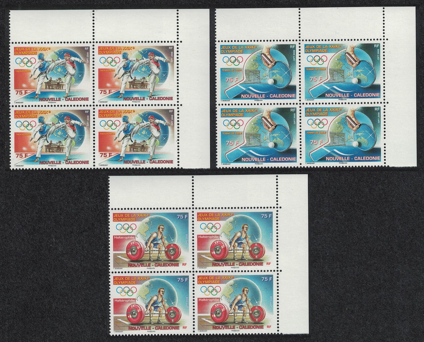 New Caledonia Table Tennis Taekwondo Olympic Games Corner Blocks of 4 2008 MNH SG#1449-1451 MI#1466-1468