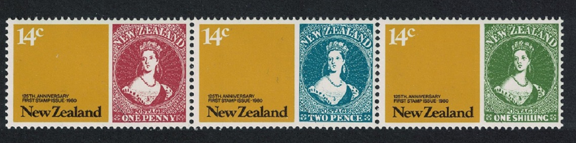 New Zealand 125th anniversary of stamps strip of 3v 1980 MNH SG#1210-1212