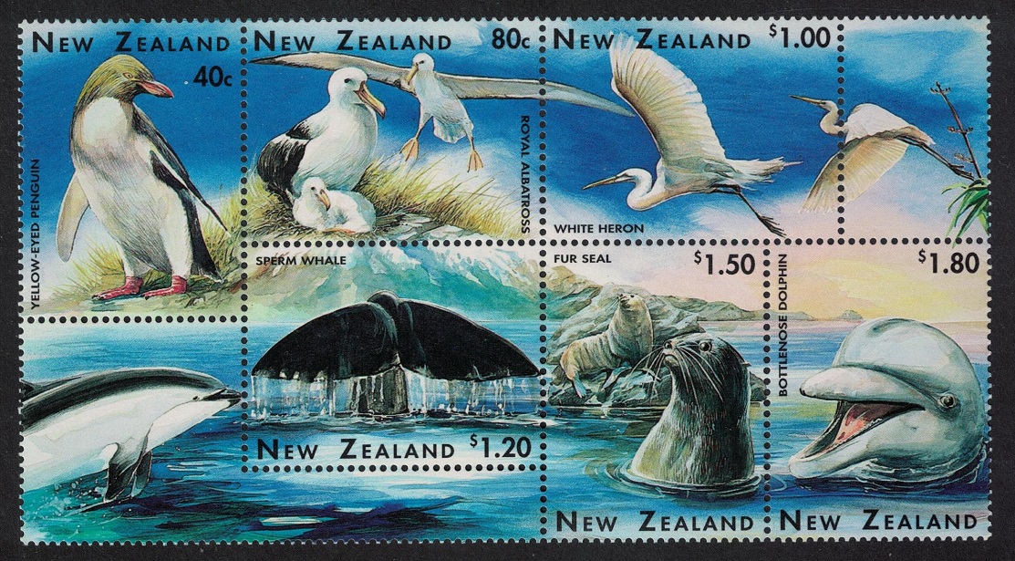 New Zealand Albatross Penguin Egret Birds Whale Marine Life Block of 6 1996 MNH SG#1992-1997