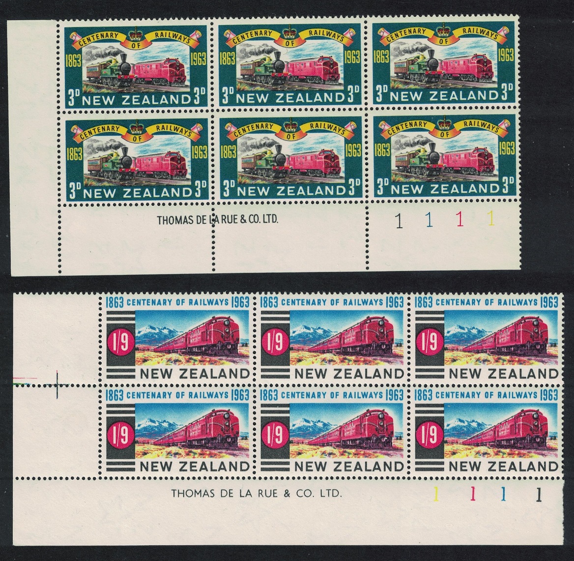 New Zealand Centenary of New Zealand Railway 2v Corner Blocks of 6 1963 MNH SG#818-819