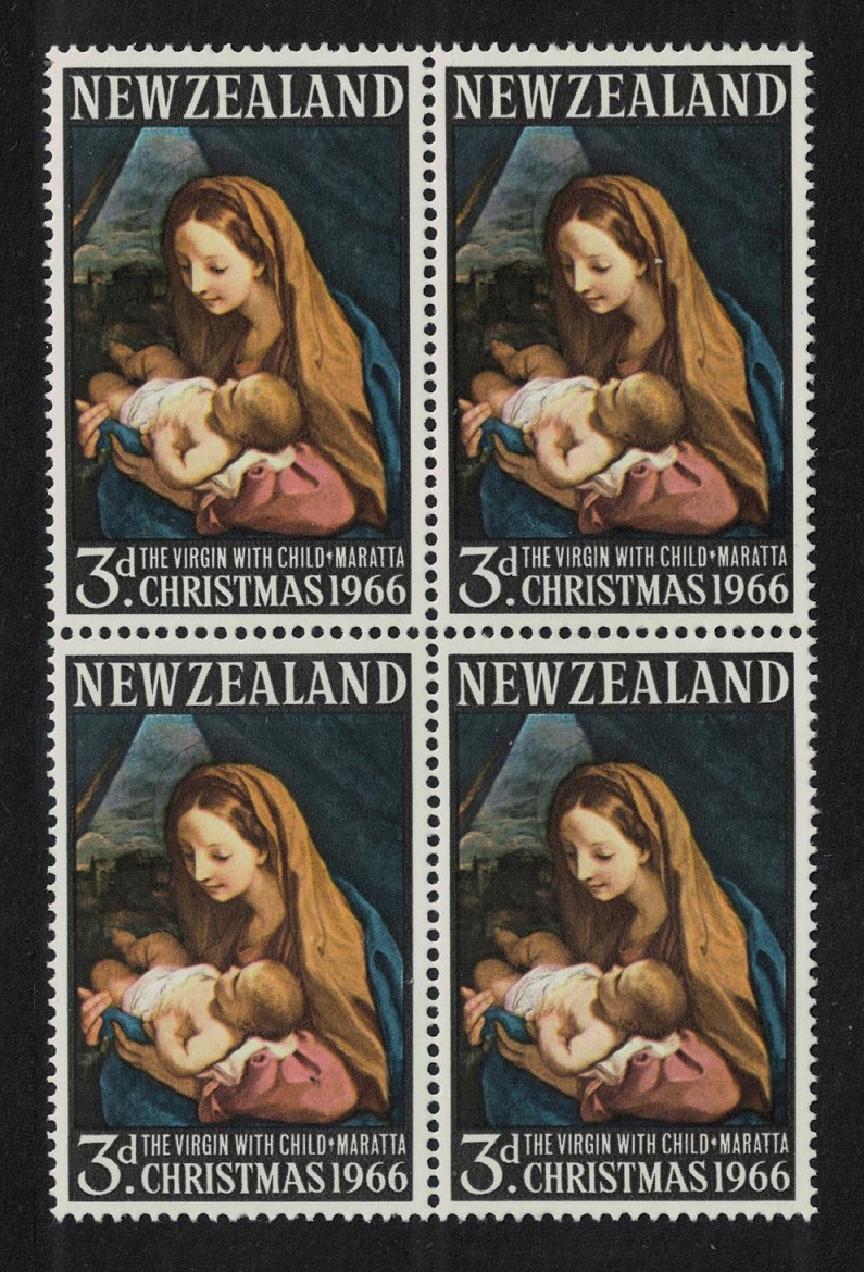 New Zealand &#39;The Virgin with Child&#39; by Maratta Christmas Block of 4 1966 MNH SG#842