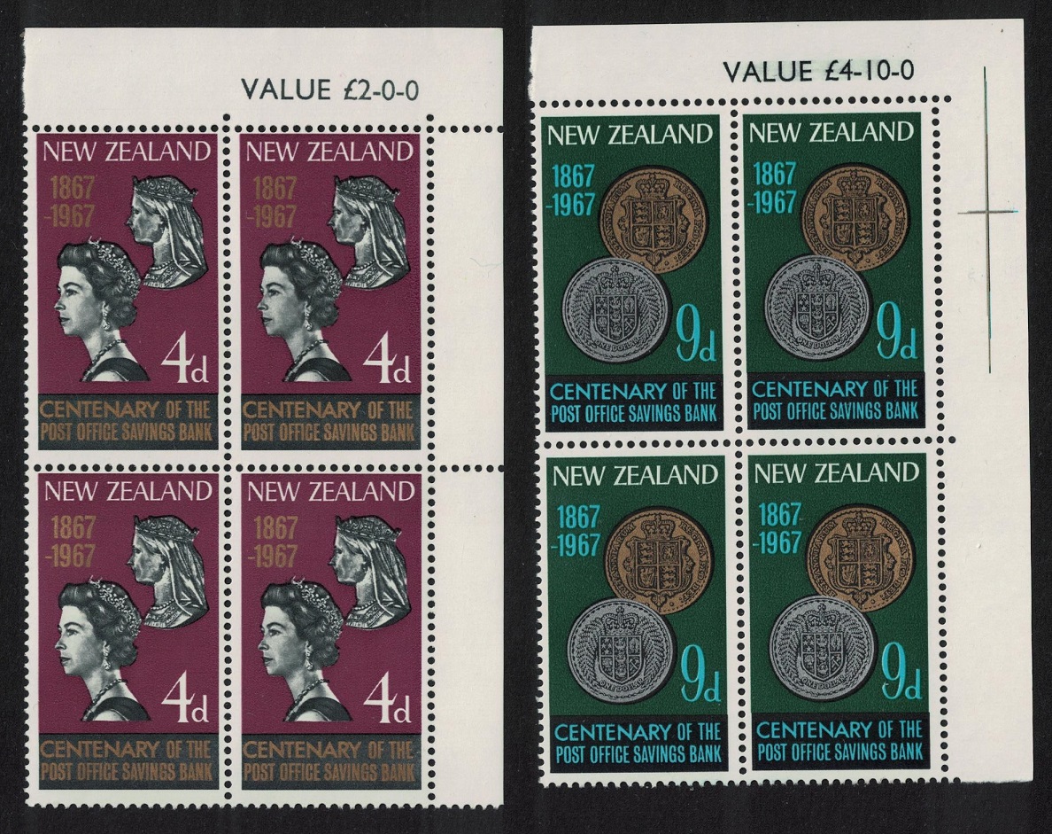 New Zealand Coins Post Office Savings Bank 2v Corner Blocks of 4 1967 MNH SG#843-844