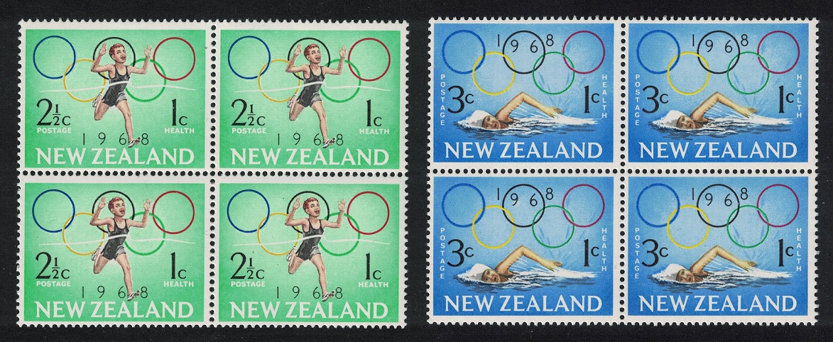 New Zealand Olympic Rings Swimming 2v Blocks of 4 1968 MNH SG#887-888