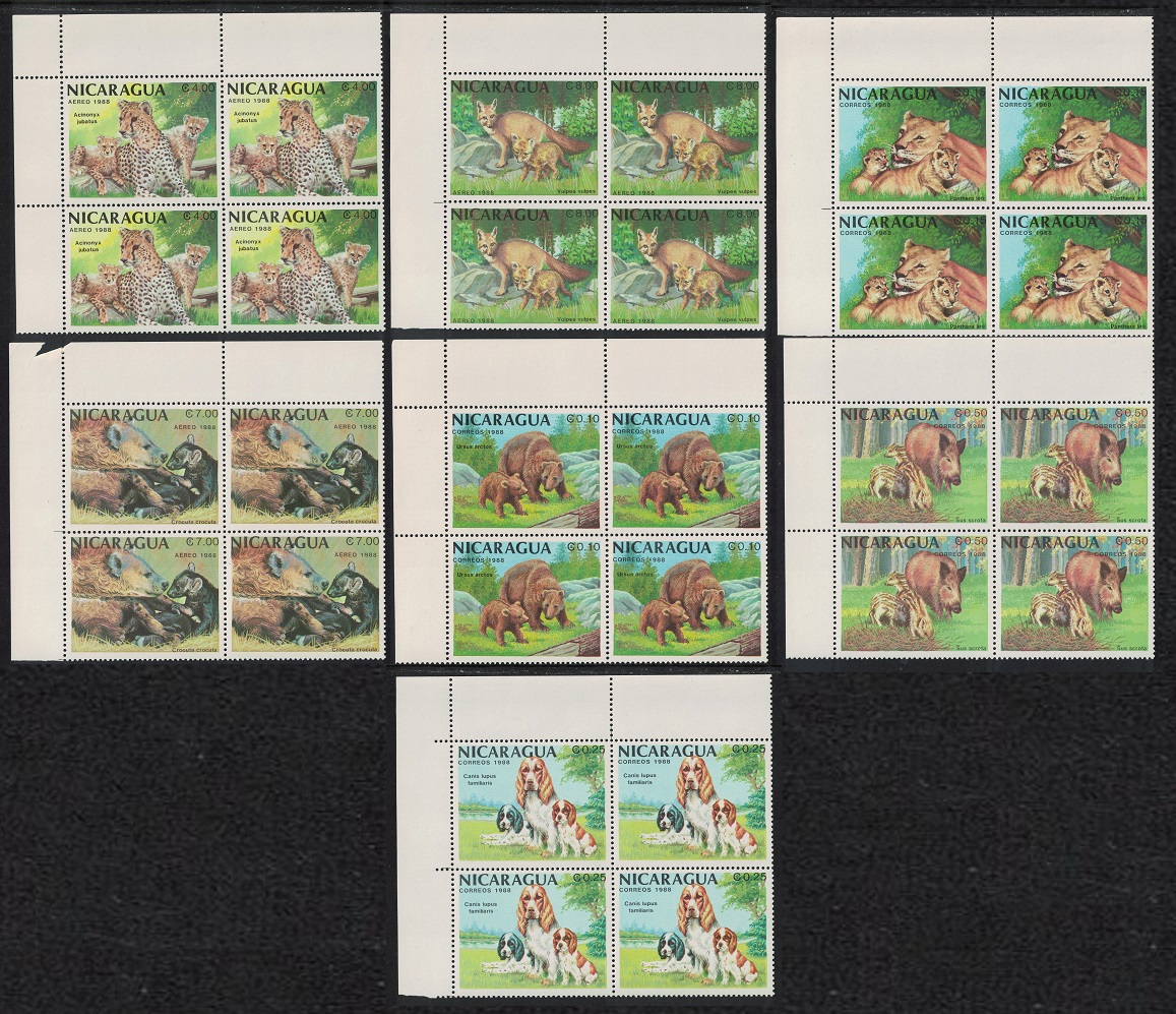 Nicaragua Bears Lions Fox Dog Mammals 7v Corner Blocks of 4 1988 MNH SG#2955-2961