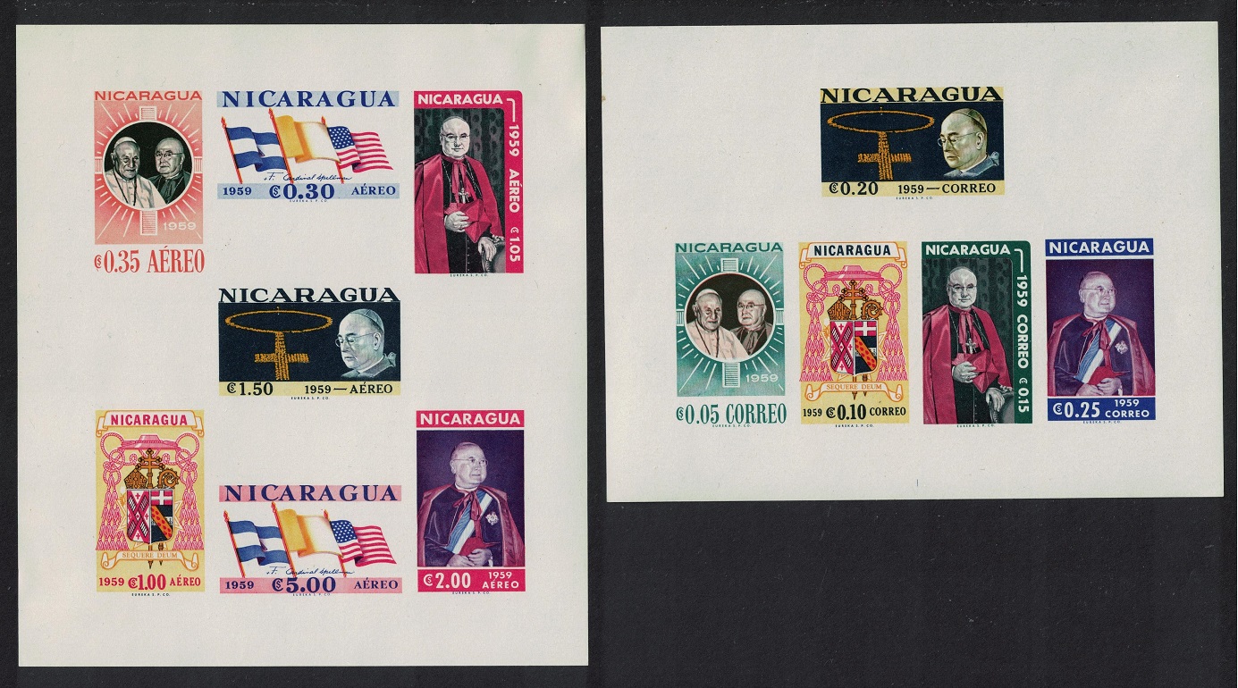 Nicaragua Cardinal Spellman Commemoration 2 MSs IMPERF 1959 MNH SG#MS1364a + MS1371a MI#Block 50B+51B Sc#823a + C436a