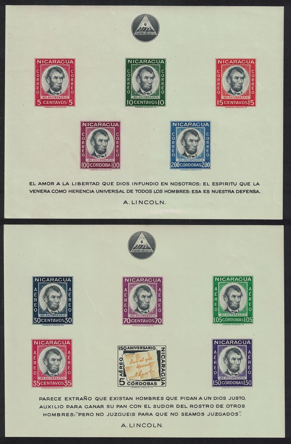 Nicaragua 150th Birth Anniversary of Abraham Lincoln 2 MSs 1960 MNH SG#MS1376a+MS1382 Sc#828a + C442a