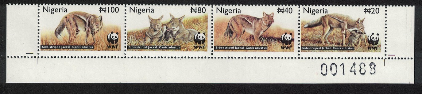 Nigeria WWF Side-striped Jackal Bottom Strip of 4v Control Number 2003 MNH SG#809-812 MI#762-765 Sc#759-762