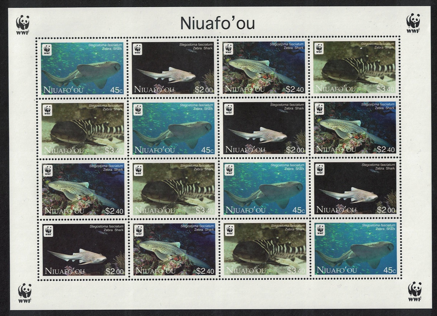 NiuafoOu WWF Zebra Shark Sheetlet of 4 sets 2012 MNH SG#348-351