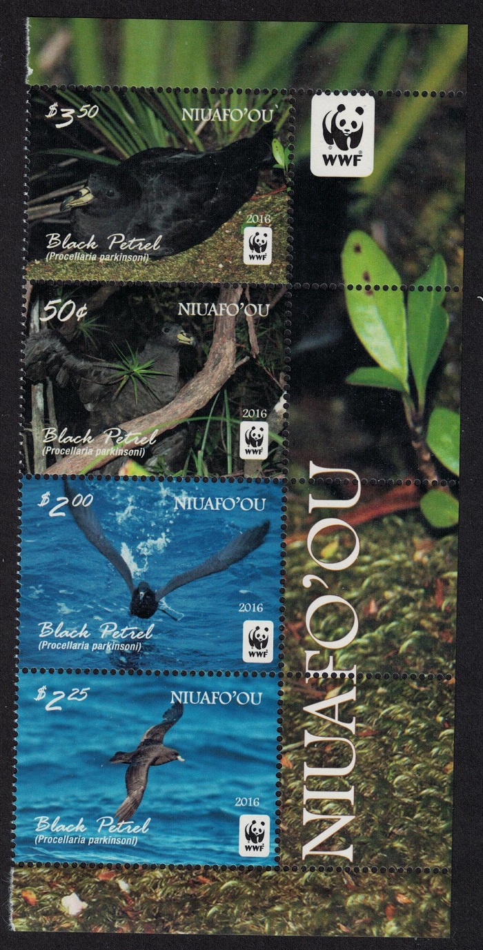 NiuafoOu WWF Black Petrel Birds Strip of 4v no frame Logo 2016 MNH SG#420a-423a