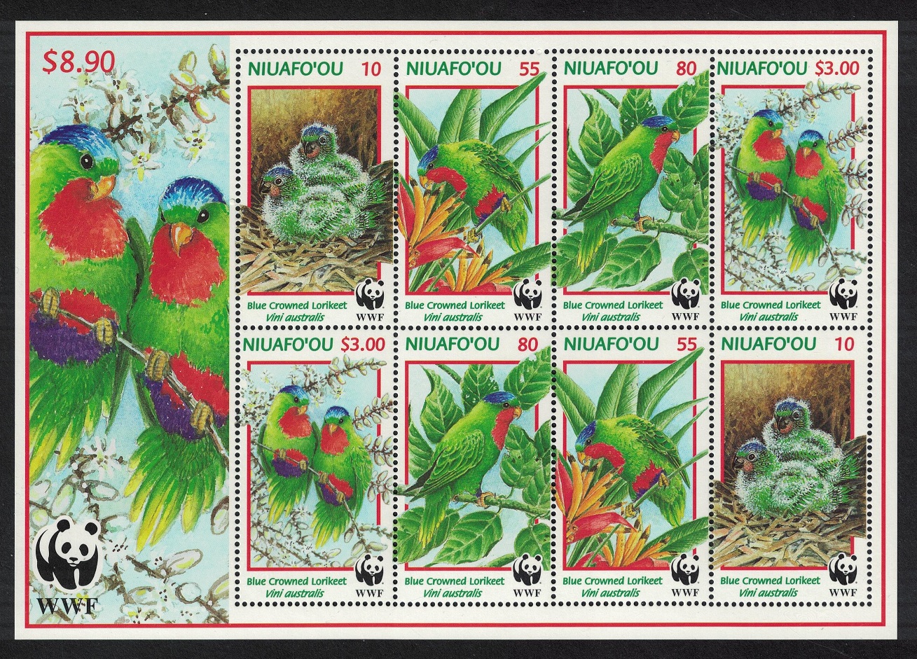 NiuafoOu Birds WWF Blue crowned Lorikeet MS 1998 MNH SG#MS274 MI#326-329 KB