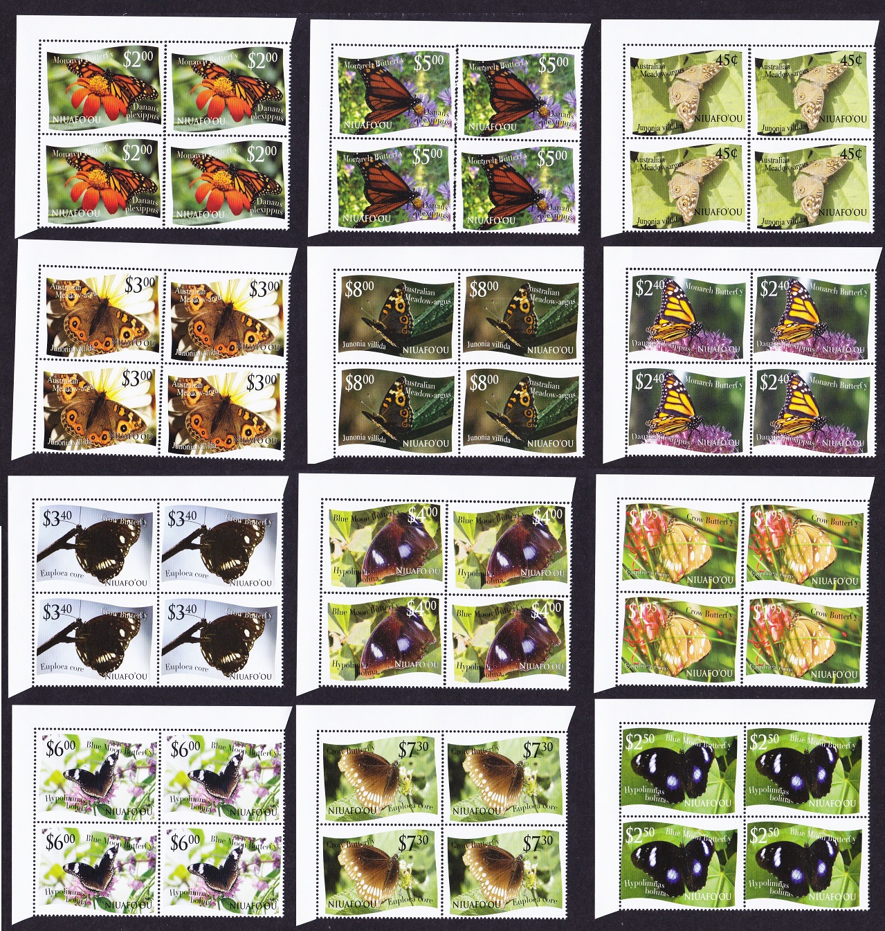 NiuafoOu Butterflies 12v Corner Blocks of 4 2012 MNH SG#352-363