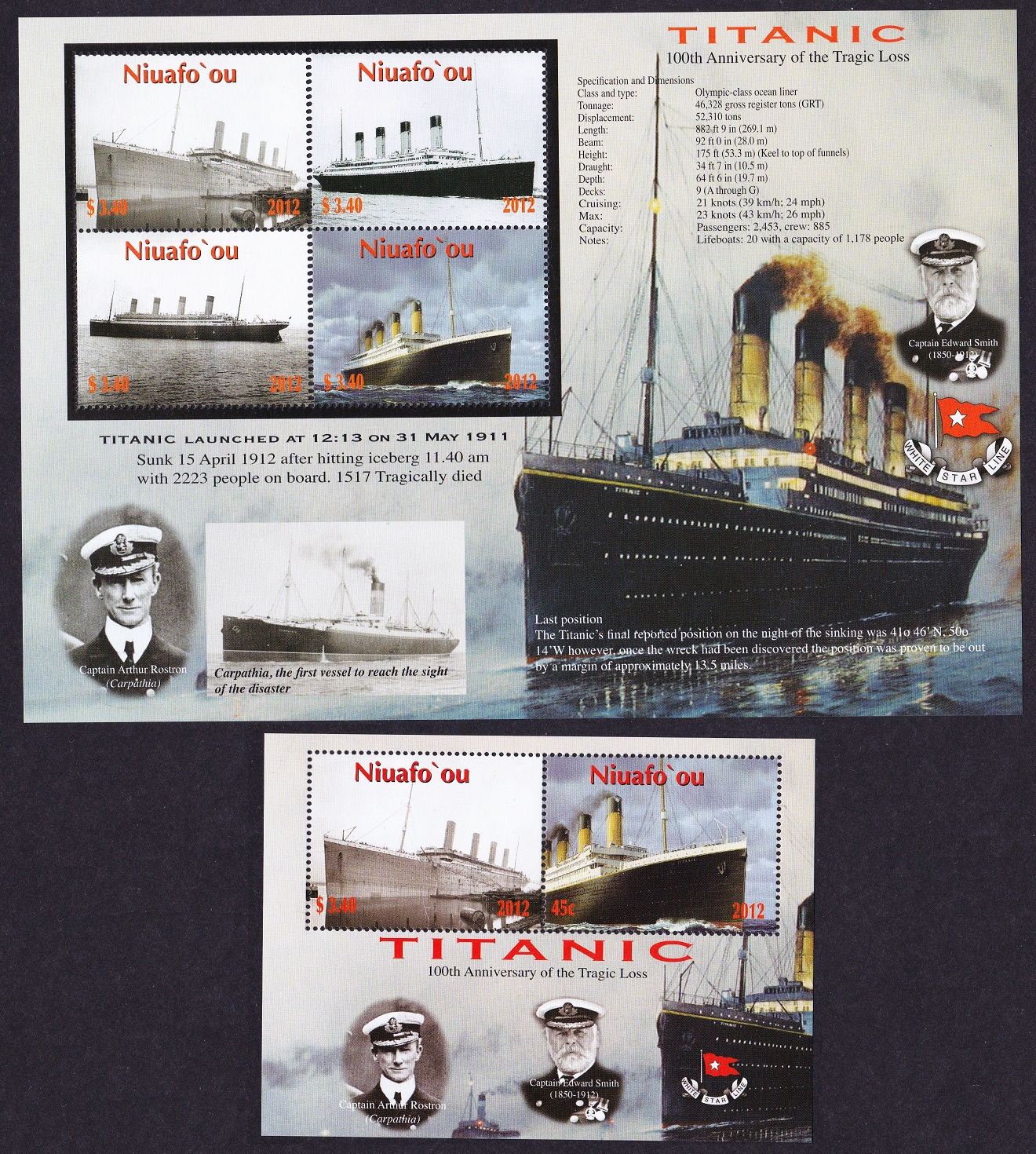 NiuafoOu Titanic 2 Sheetlets 2012 MNH SG#MS365-MS366 Sc#288-289