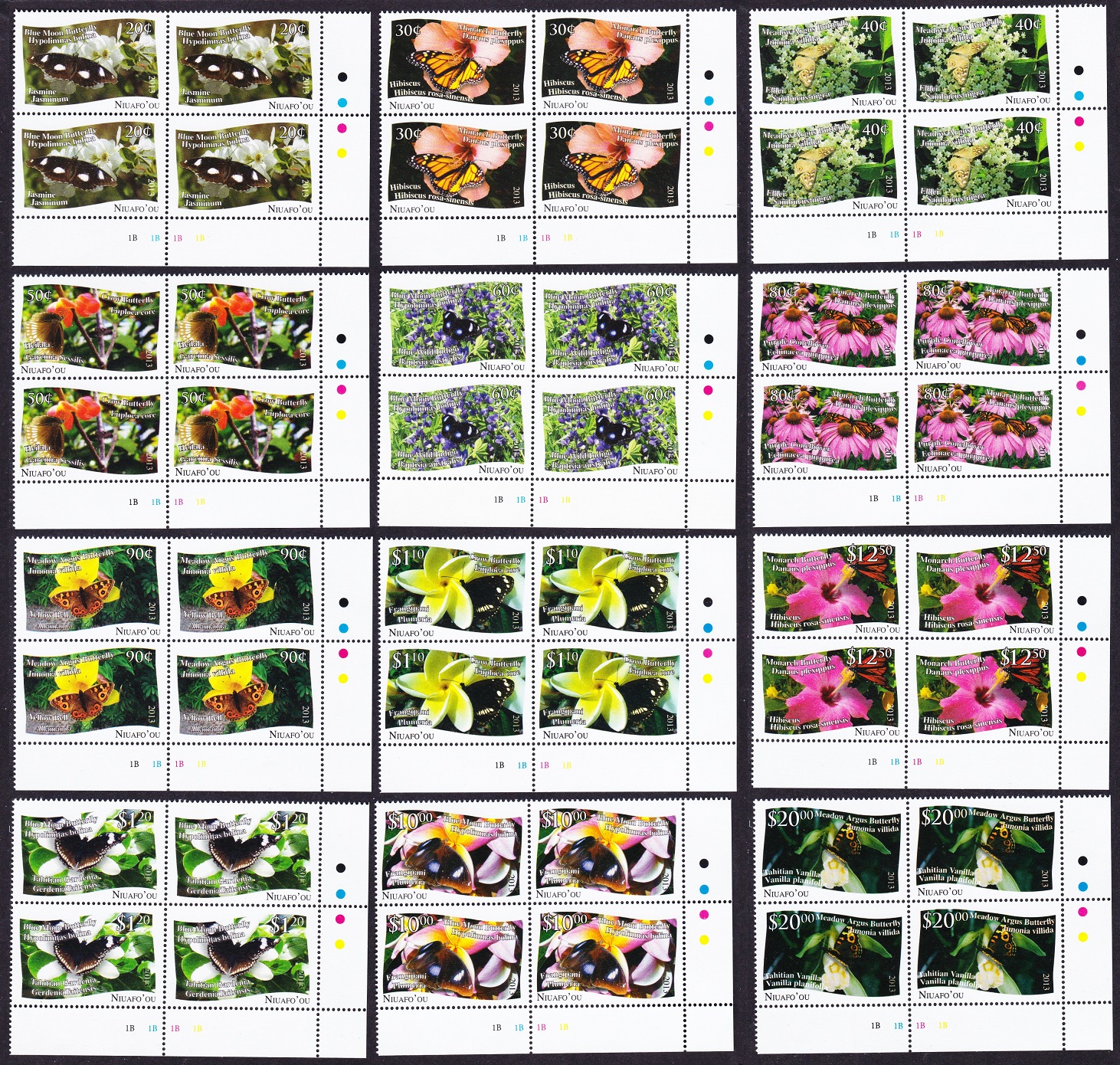 NiuafoOu Butterflies and Plants 12v Bottom Corner Blocks of 4 2013 MNH SG#379-390 Sc#301-312