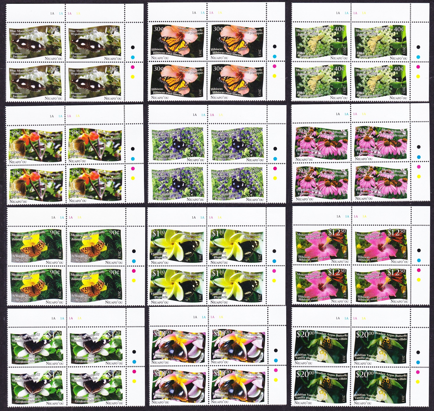 NiuafoOu Butterflies and Plants 12v Top Corner Blocks of 4 2013 MNH SG#379-390 Sc#301-312