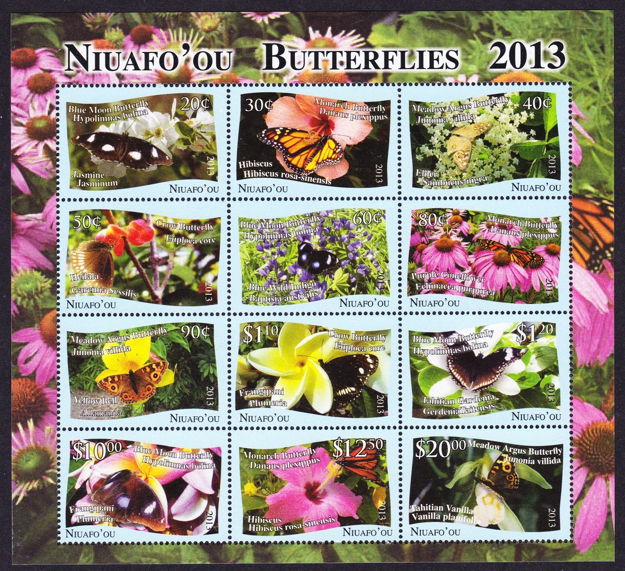 NiuafoOu Butterflies and Plants 12v Sheetlet 2013 MNH SG#MS391 Sc#313