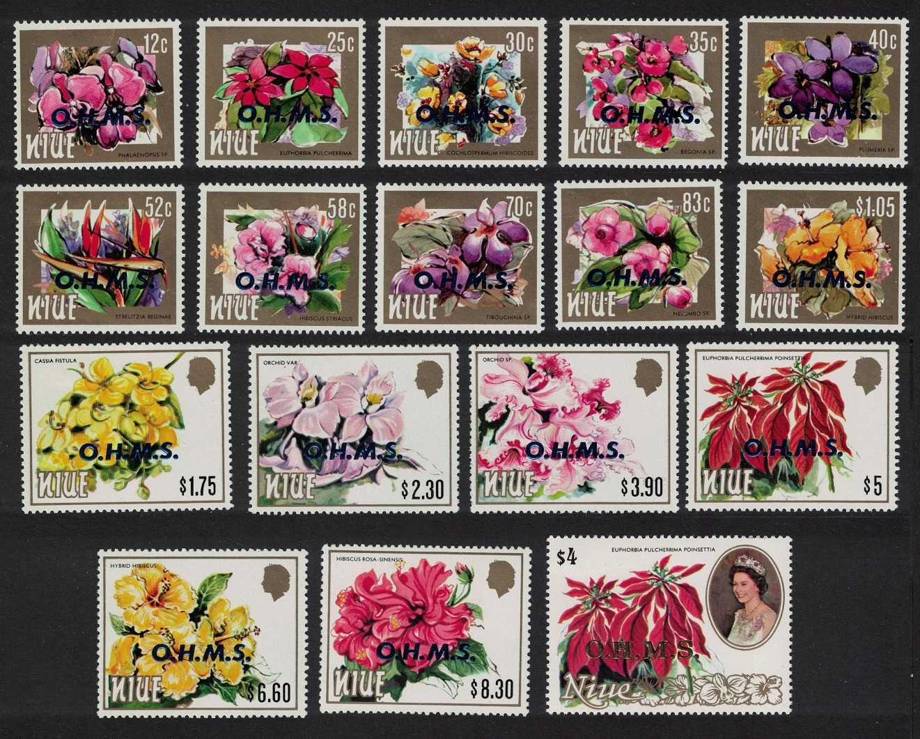 Niue Flowers 17v optd &#39;O.H.M.S.&#39; 1985 MNH SG#O1-O17