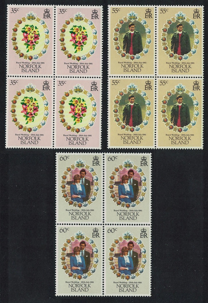 Norfolk Island Charles and Diana Royal Wedding 3v Blocks of 4 1981 MNH SG#262-264 Sc#280-282