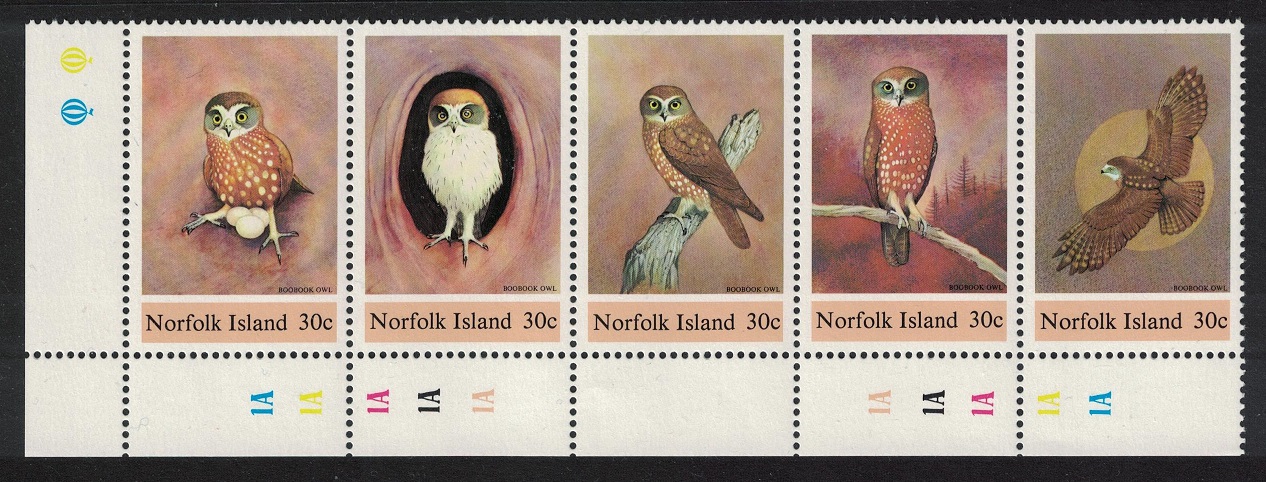 Norfolk Island Birds Boobook Owl Corner strip of 5 1984 MNH SG#338-342 Sc#343