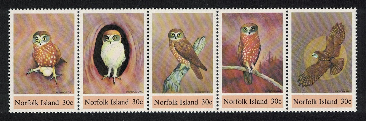 Norfolk Island Birds Boobook Owl strip of 5 1984 MNH SG#338-342 Sc#343