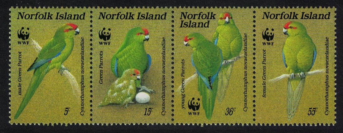 Norfolk Island Birds WWF Green Parrot strip of 4v 1987 MNH SG#425-428 MI#421-424 Sc#421 a-d