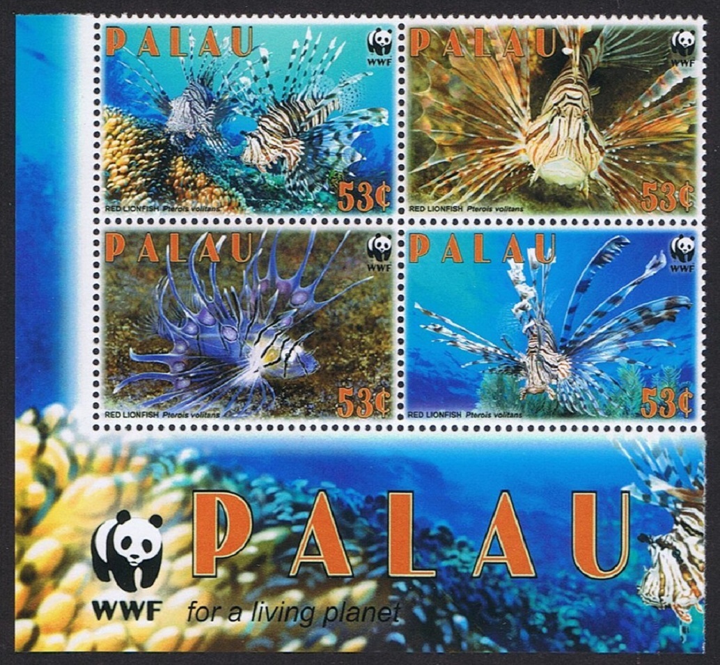 Palau WWF Red Lionfish Block of 4 WWF Logo 2009 MNH SG#2379-2382 MI#2902-2905 Sc#992