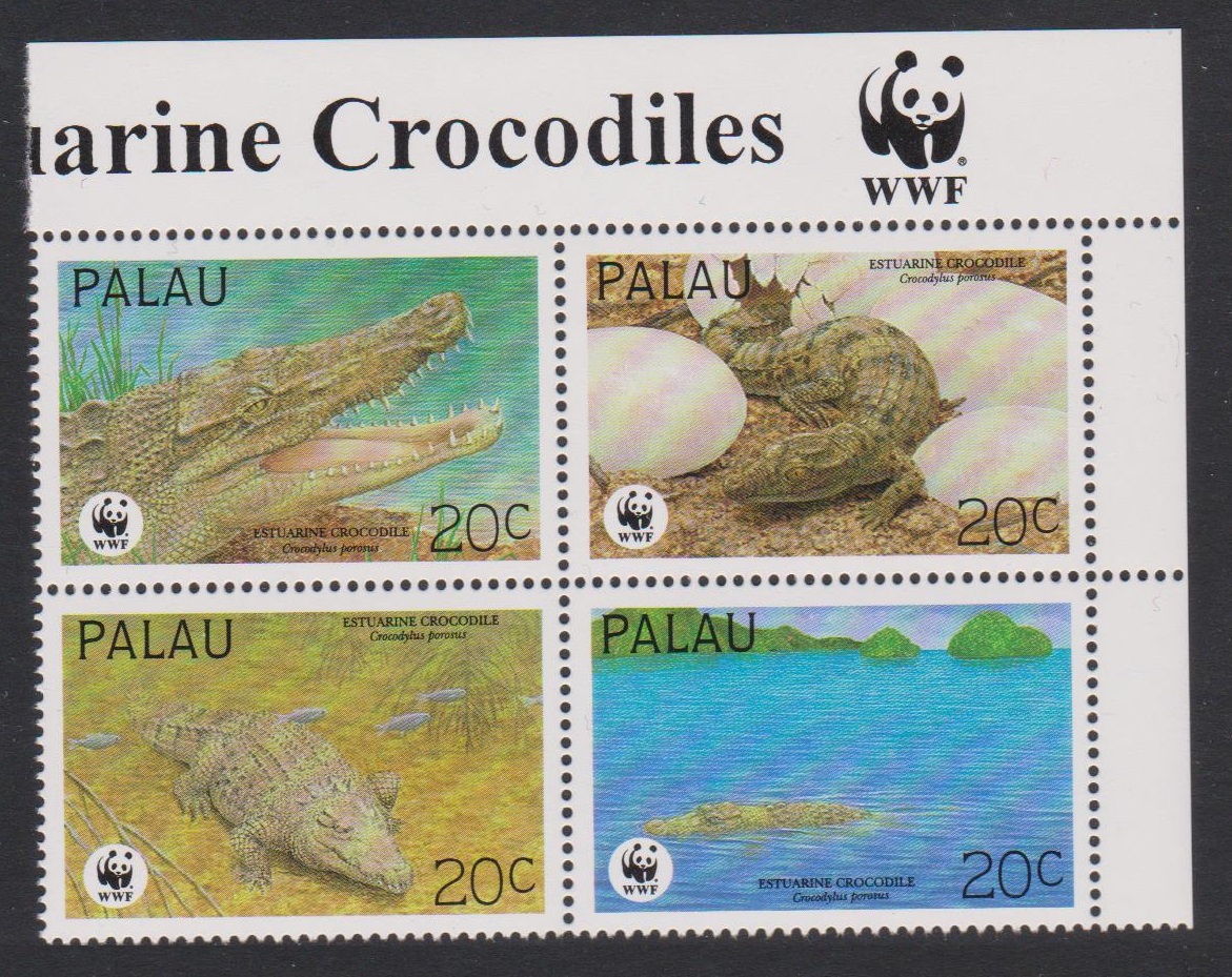 Palau WWF Estuarine Crocodile 4v Block of 4 WWF Logo 1994 MNH SG#673-676 MI#690-693 Sc#323 a-d