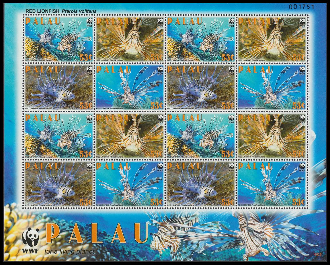 Palau WWF Red Lionfish &#39;Pterois voltans&#39; Sheetlet 2009 MNH SG#2379-2382 MI#2902-2905 Sc#992