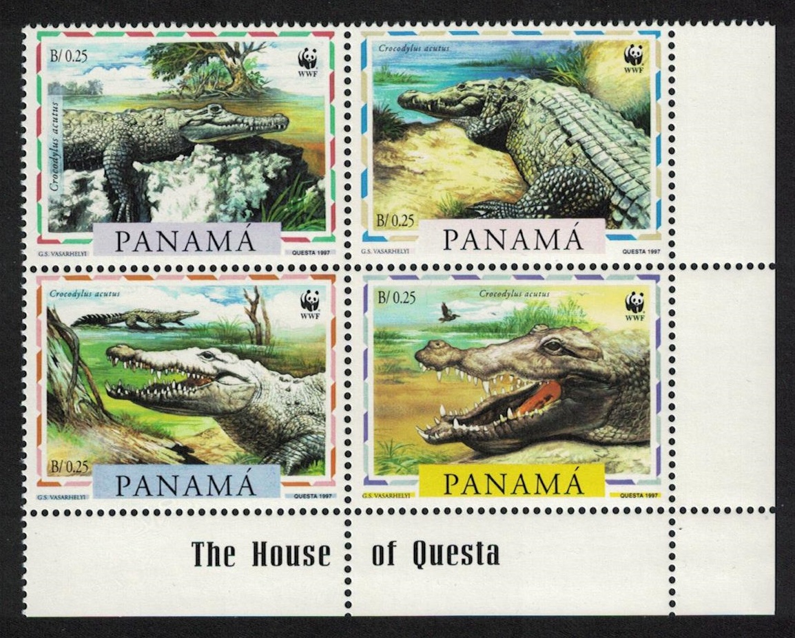 Panama WWF American Crocodile 4v Corner Block of 4 1997 MNH SG#1590-1593 MI#1787-1790 Sc#846 a-d