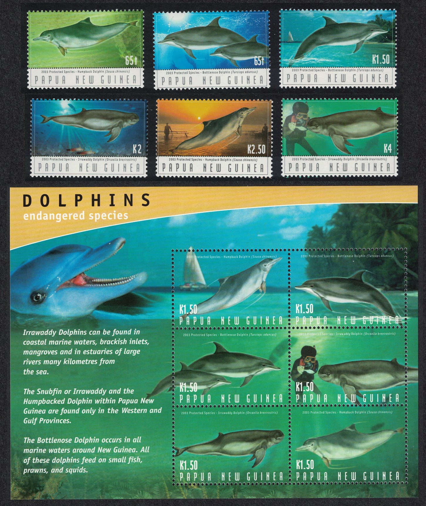 Papua New Guinea Dolphins Protected Species 6v+MS 2003 MNH SG#994-MS1000 Sc#1092-1098