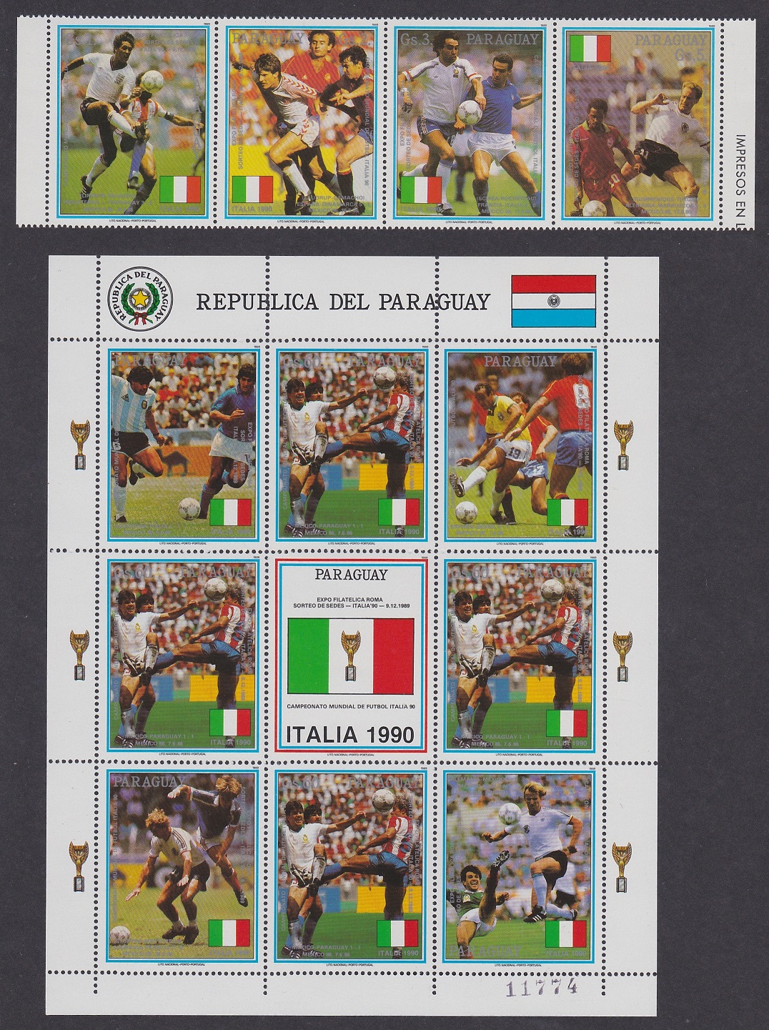 Paraguay World Cup Football Championship Italy strip of 4v+Sheetlet 1989 MNH MI#4434-4438 Sc#2309-2310