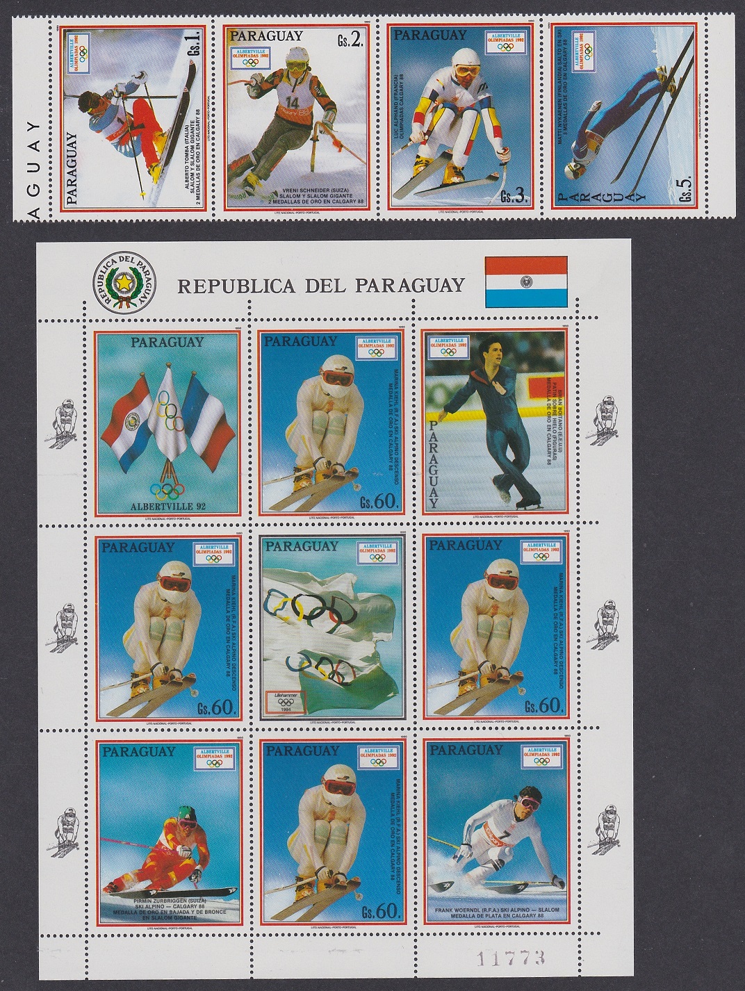 Paraguay Winter Olympic Games Albertville strip of 4v+Sheetlet 1990 MNH MI#4471-4475 Sc#2323-2324