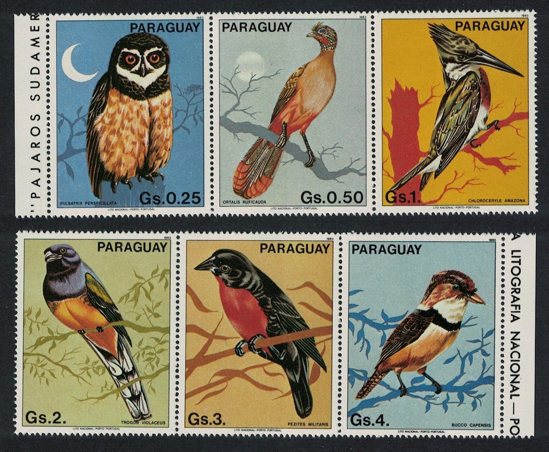 Paraguay Owl Chachalaca Trogon Birds 6v two strips 1983 MNH MI#3668-3673 Sc#2091