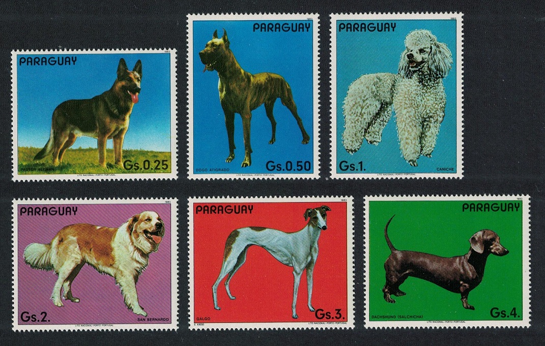 Paraguay Dogs 6v Shepherd Dane Poodle Saint Bernard Greyhound Dachshund 1984 MNH MI#3709-3714 Sc#2106