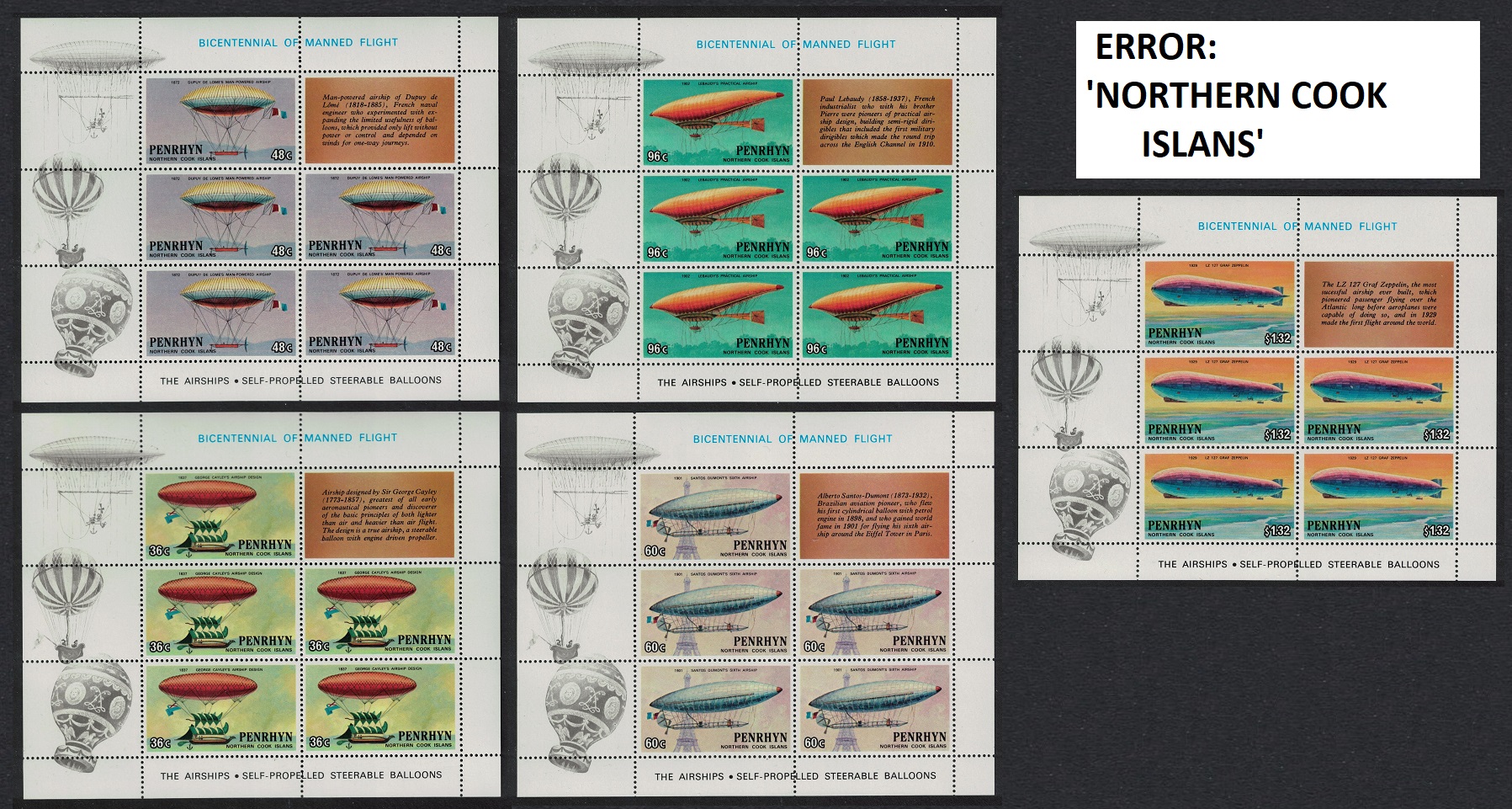 Penrhyn Island Bicentenary of Manned Flight Sheets ERROR RARR 1983 MNH SG#320A-324A MI#347-351