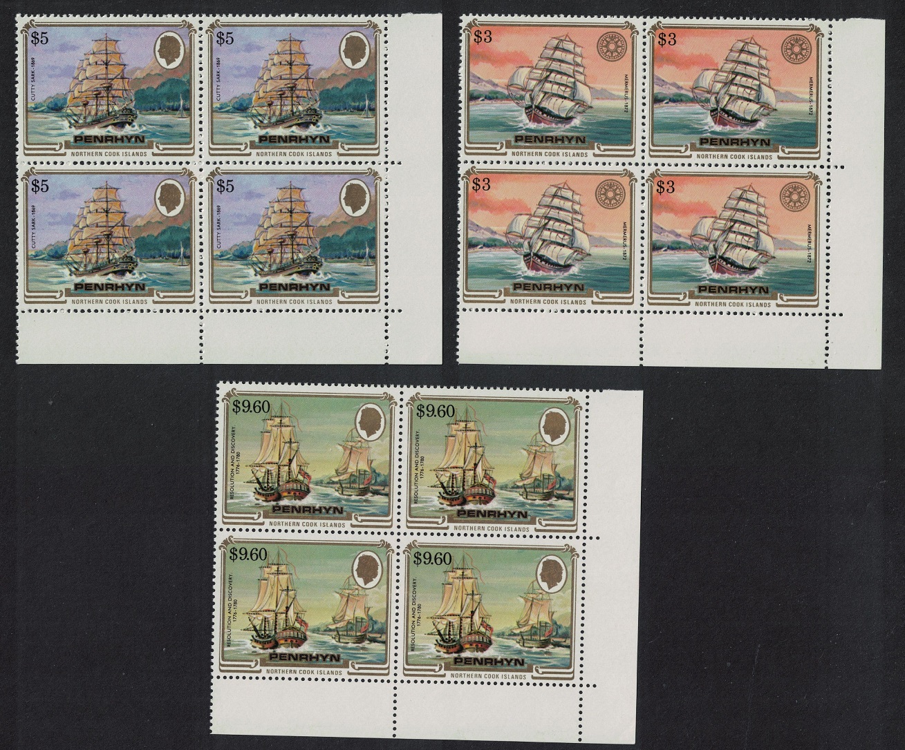 Penrhyn Island Mermerus Cutty Sark Ships 3v Corner Blocks of 4 1984 MNH SG#353-355 Sc#284-286