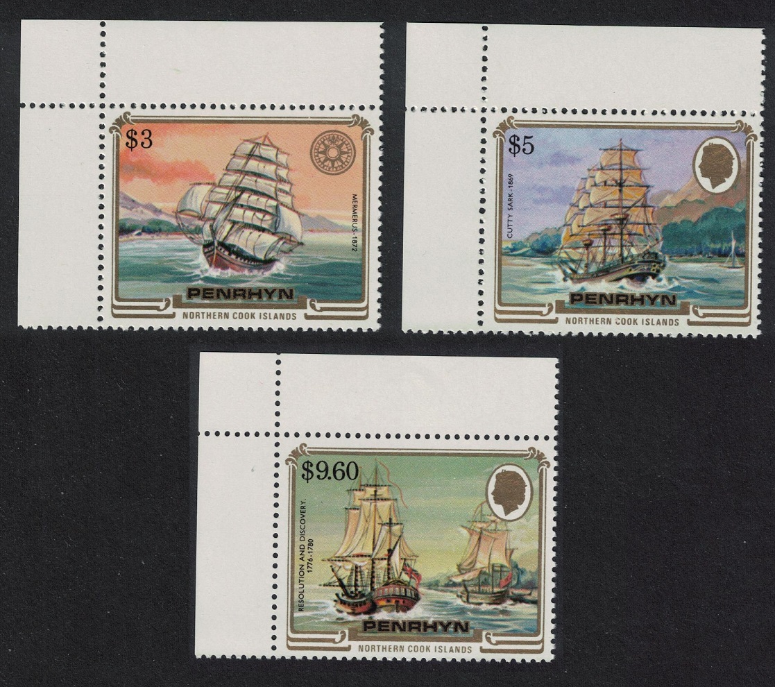 Penrhyn Island Mermerus Cutty Sark Resolution Discovery Ships 3v Corners 1984 MNH SG#353-355 Sc#284-286