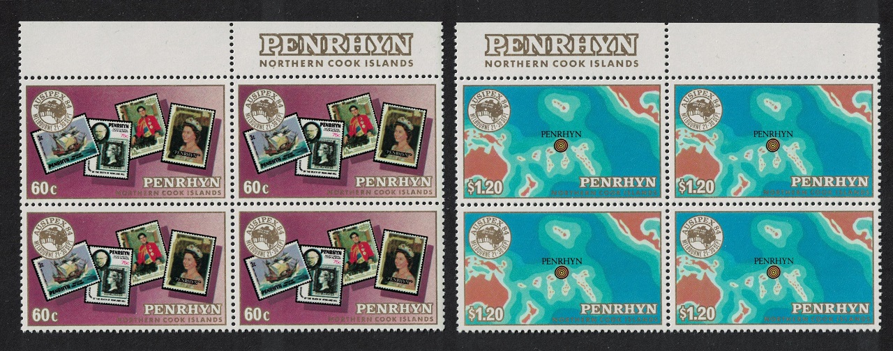 Penrhyn Island Ausipex International Stamp Exhibition 2v Blocks of 4 1984 MNH SG#360-361