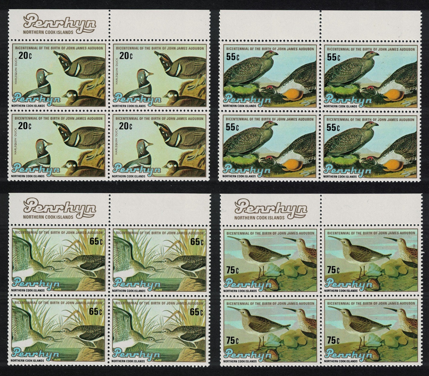 Penrhyn Island Duck Grouse Sandpiper Dunlin Birds Audubon 4v 1985 MNH SG#373-376