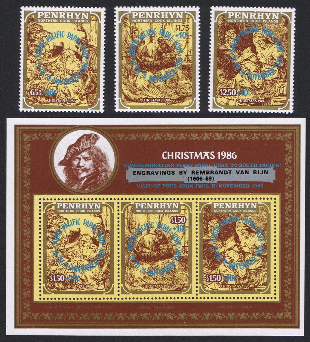 Penrhyn Island Visit of Pope John Paul II Overprint on Rembrandt 3v+MS 1986 MNH SG#408-MS411 Sc#B20-B23