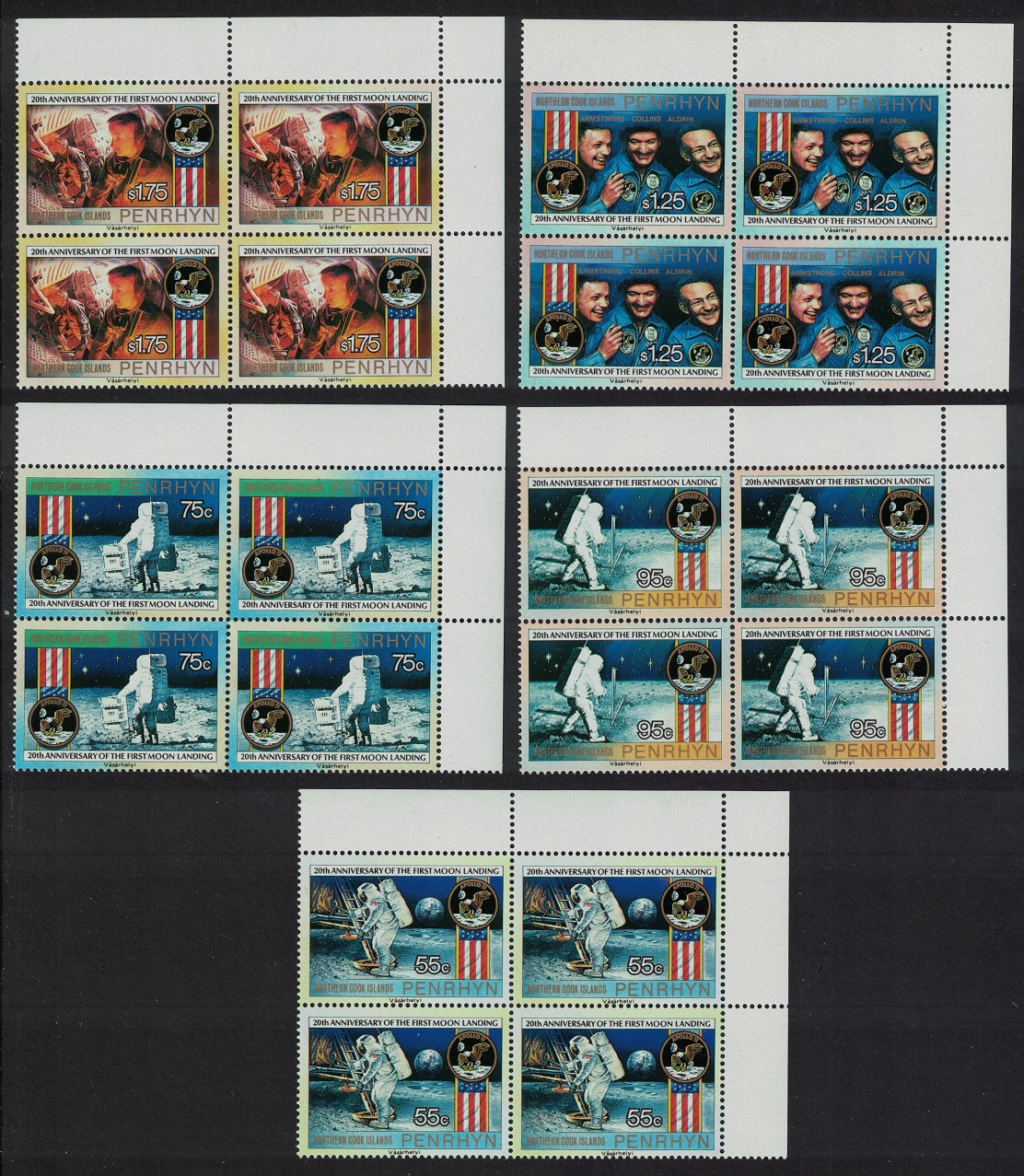 Penrhyn Island First Manned Moon Landing Space 5v Corner Blocks of 4 1989 MNH SG#435-439