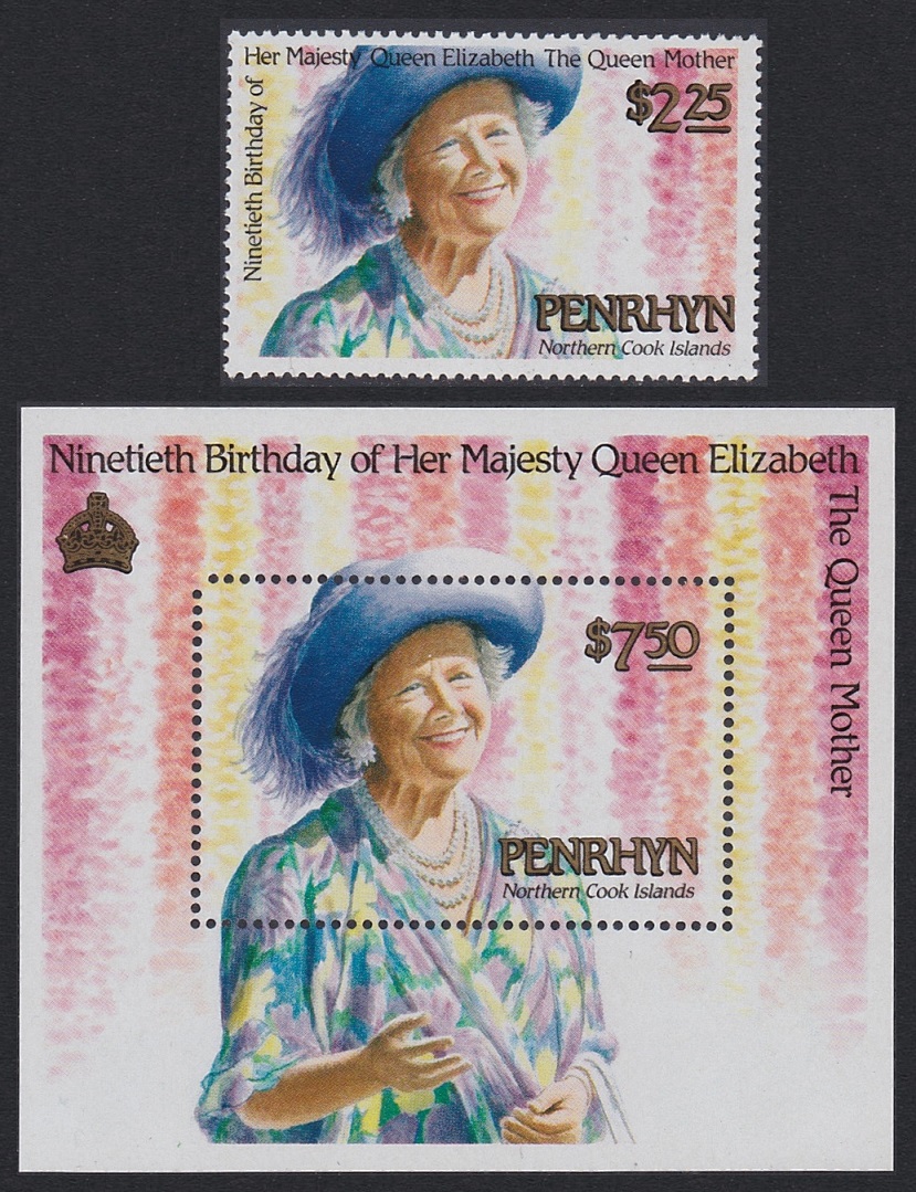 Penrhyn Island 90th Birthday of the Queen Mother 1v+MS 1990 MNH SG#445-MS446 Sc#384-385