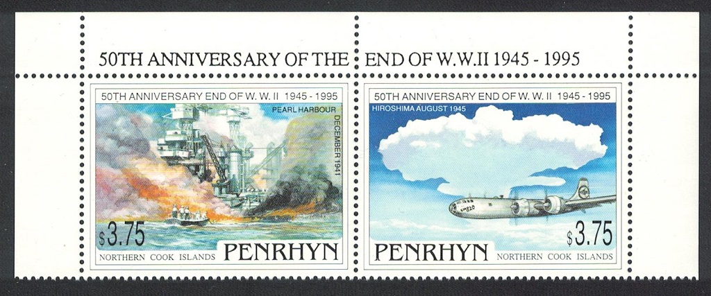 Penrhyn Island 50th Anniversary End of WW II strip of 2v Type 1 1995 MNH SG#513a Sc#444