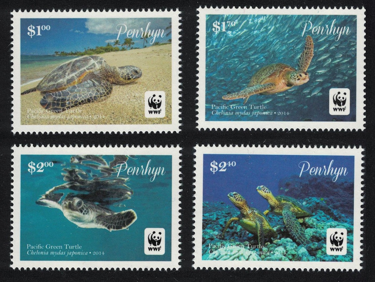 Penrhyn Island WWF Pacific Green Turtle Chelonia mydas japonica 4v White Frame 2014 MNH SG#645-648