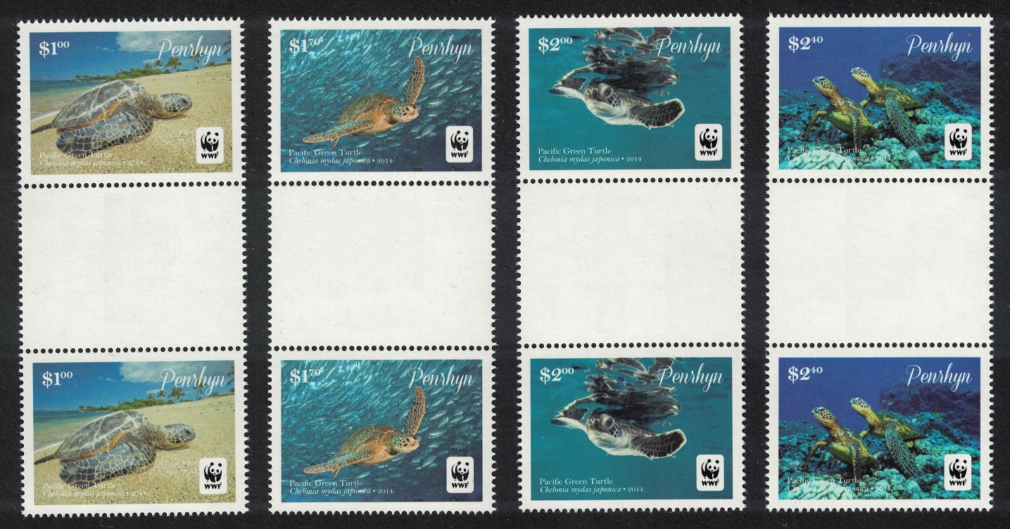 Penrhyn Island WWF Pacific Green Turtle &#39;Chelonia mydas&#39; Gutter Pairs 2014 MNH SG#645-648