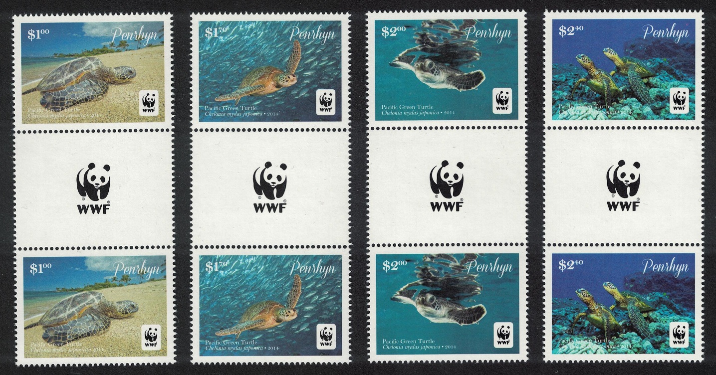 Penrhyn Island WWF Pacific Green Turtle &#39;Chelonia mydas&#39; Gutter Pairs Logo 2014 MNH SG#645-648