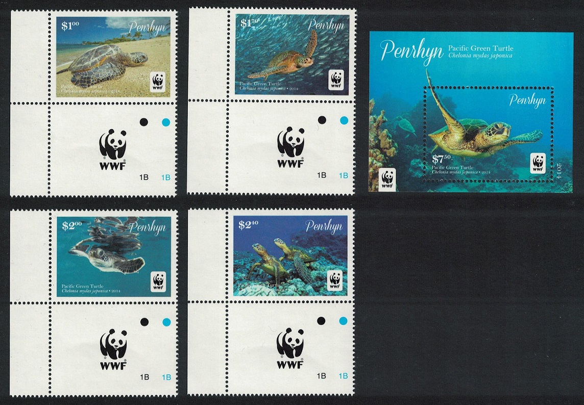 Penrhyn Island WWF Pacific Green Turtle Chelonia mydas japonica 4v+MS 2014 MNH SG#645-MS649