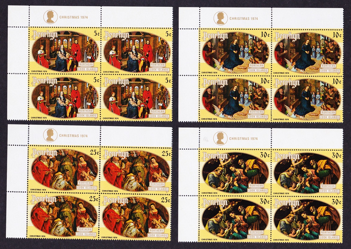 Penrhyn Island Christmas Adoration 4v Corner Blocks of 4 1974 MNH SG#72-75 Sc#66-69