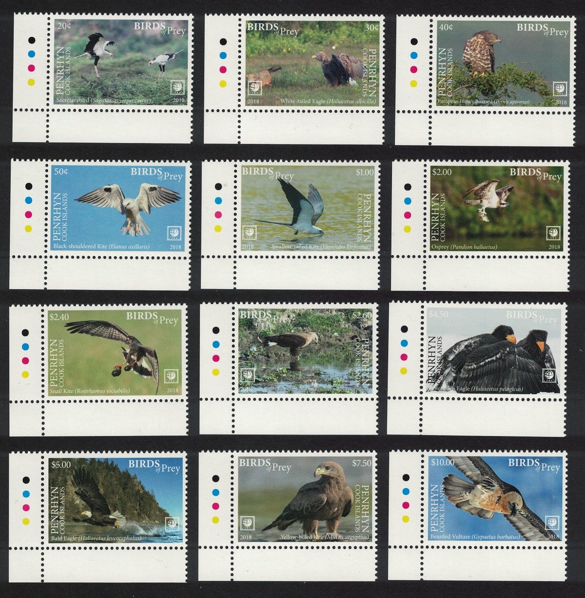 Penrhyn Island Eagle Buzzard Kite Osprey Birds of Prey 12v Corners 2018 MNH