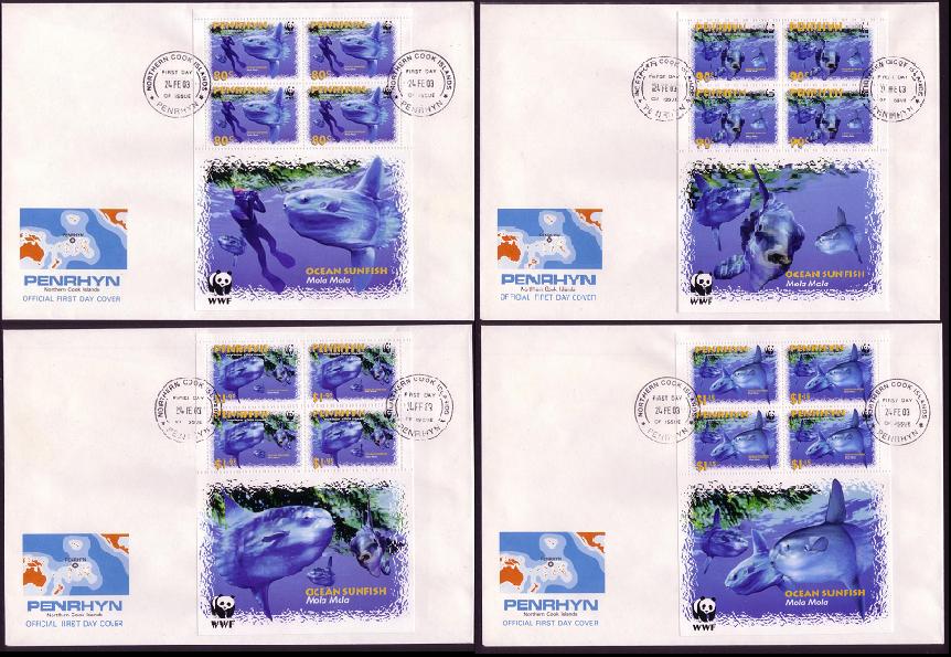 Penrhyn Island WWF Ocean Sunfish FDCs 4v 2003 SG#541-544 MI#605-608 Sc#462-465