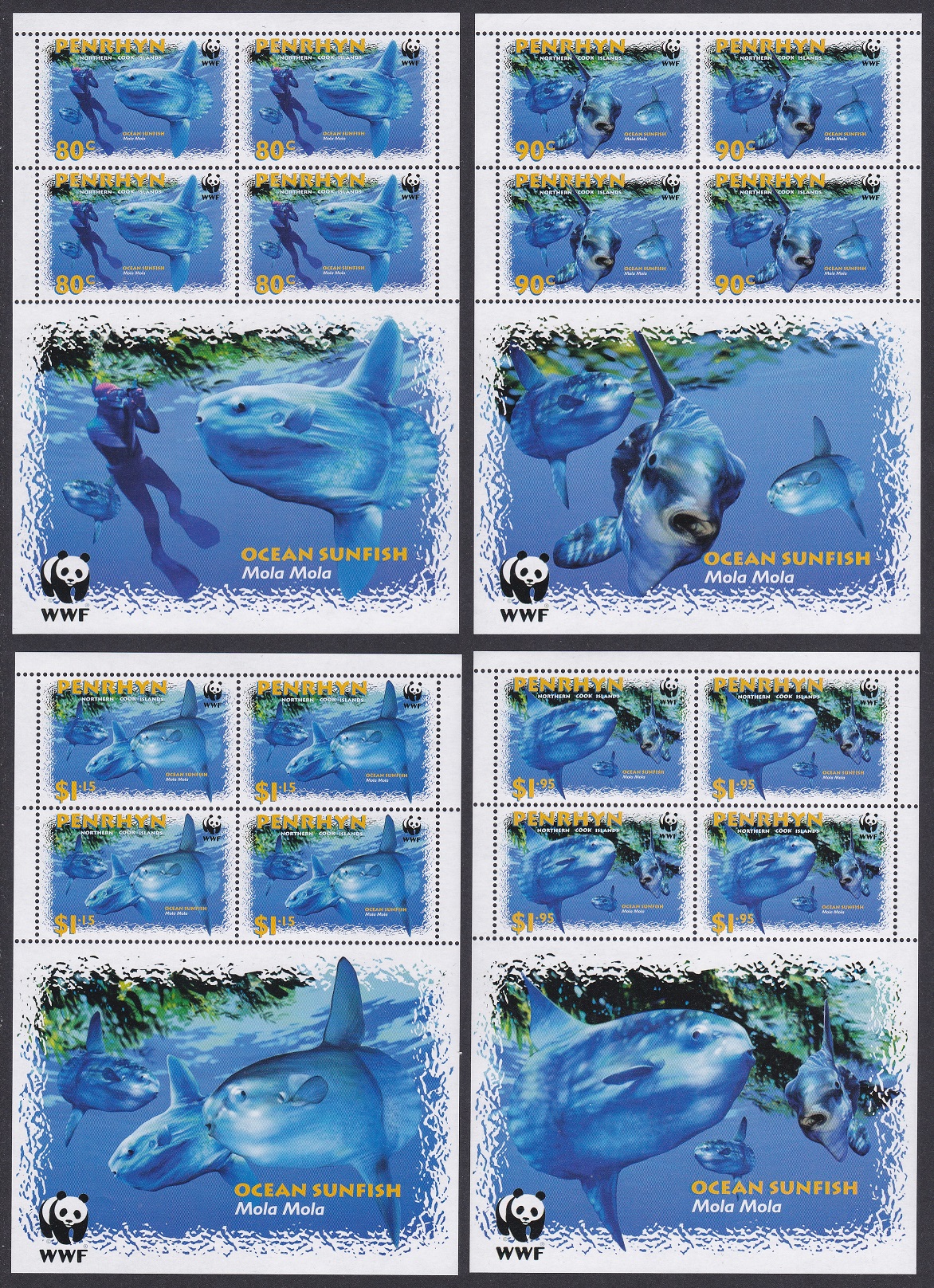 Penrhyn Island WWF Ocean Sunfish 4 Sheetlets of 4v each 4 sets 2003 MNH SG#541-544 MI#605-608 Sc#462-465